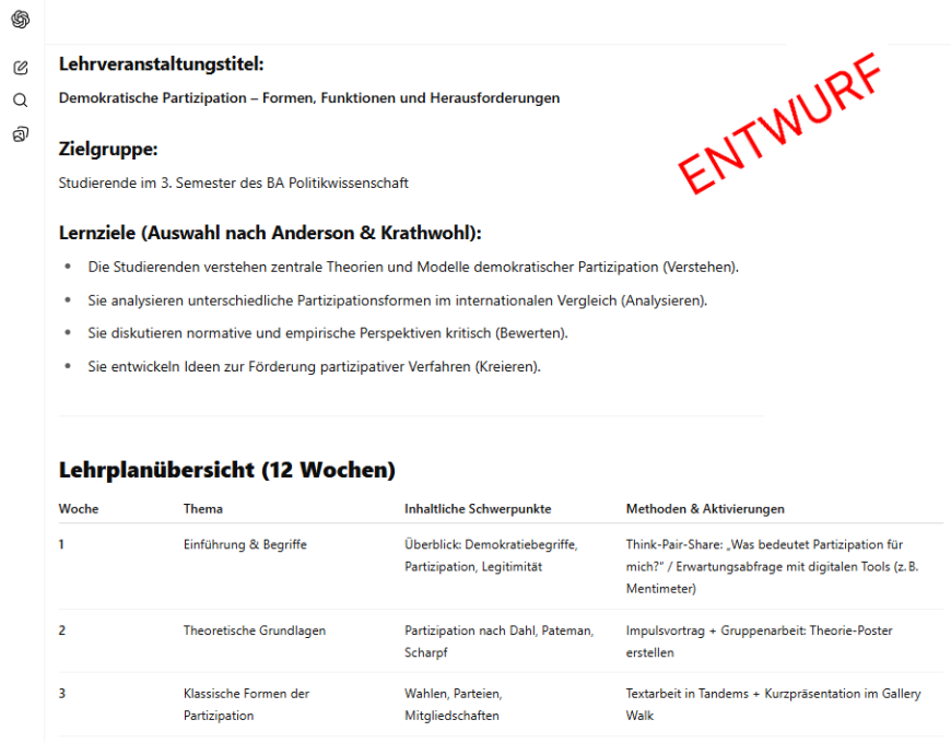Ausschnitt eines Lehrdesign-Entwurfs: Zwei aktivierende Methoden für Seminare werden vorgestellt – eine Fishbowl-Diskussion zur strukturierten Auseinandersetzung mit Leitfragen und eine Theorie-Poster-Galerie mit Reflexionsstationen zur vertiefenden Bearbeitung theoretischer Konzepte.