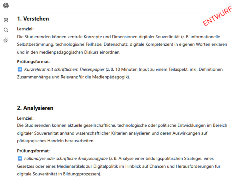 Lehrveranstaltungsplanung mit Titel, Zielgruppe und Lernzielen nach Anderson & Krathwohl zur demokratischen Partizipation. Eine Tabelle zeigt einen 12-wöchigen Lehrplan mit Themen, inhaltlichen Schwerpunkten sowie passenden Methoden und Aktivierungen.